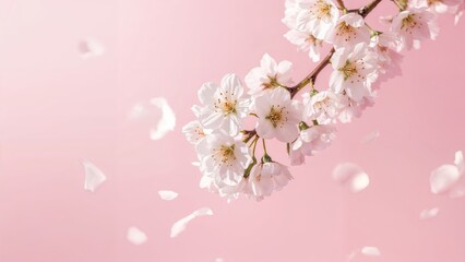 A beautiful image of spring white cherry flowers flying in the air on the pastel pink background. Levitation conception. High resolution image