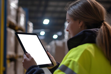 Rear view of a female warehouse worker holding a tablet with blank white screen while checking stock shelves. Represents logistics, technology integration, and digital warehouse management in modern i