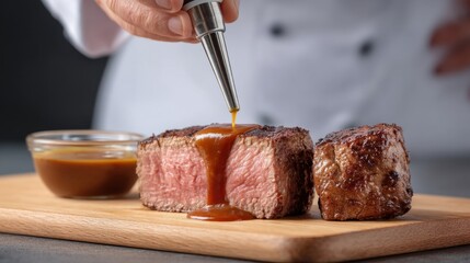 Professional chef injecting rich sauce evenly into cooked meat for enhanced flavor and presentation in a modern kitchen setting