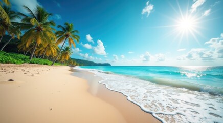 Beach with palm trees and a blue sky travel concept copy space