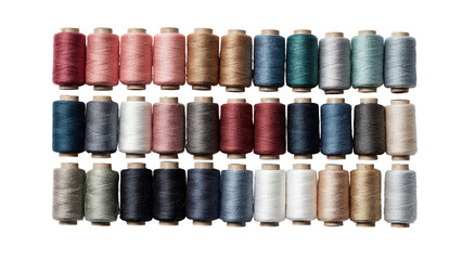 Vibrant collection of sewing threads in various colors arranged neatly showcasing creativity and craftsmanship isolated on transparent background