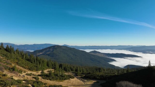 Flying in the direction of Dragobrat over Svydovets mountains in Ukraine in November