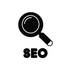 Magnifying glass over SEO text Silhouetted Icons