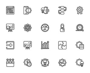 Business Management icon set. Vector illustration. Icludes symbols for Gantt cart, KPI, project plan, loistics, database, deadline milestone and more. Editale stroke.