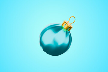 Blue Christmas ball with gold ribbon on blue background