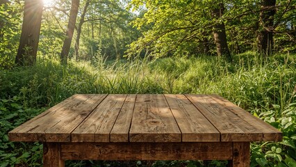 Wooden table with space for photo montage and green background in nature setting