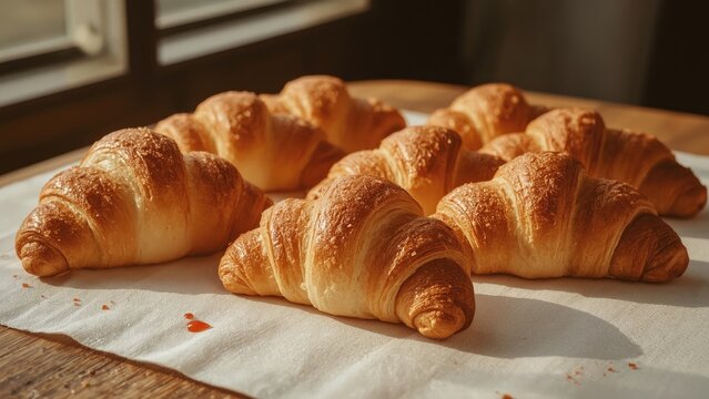 Fresh sweet crescent rolls with jam on a bakery table. Close-up. Background, food, kitchen, breakfast, bread, wheat, glass.