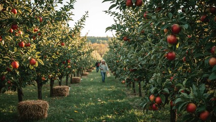 Fall apple picking at an orchard with Honey Crisp apple trees.