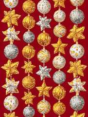 Elegant red Christmas composition with golden baubles and pine leaves, perfect for holiday greeting cards or festive posters