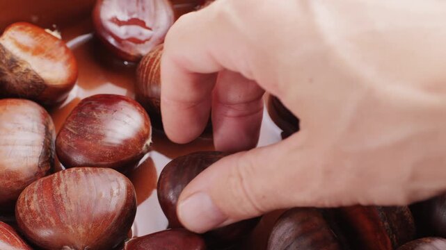 Grilled Fresh chestnut, supermarket food, grill Oven roasted chestnuts with sliced peel on wooden board, spanish traditional winter dish.