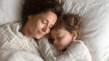 Peaceful Mother and Child Sleeping Together in a Cozy Home Environment Bathed in Soft Natural Light
