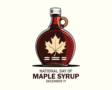 National Maple Syrup Day vector. Bottle of syrup and maple leaves drawing. Pancakes with maple syrup breakfast still life icon vector. December 17. 