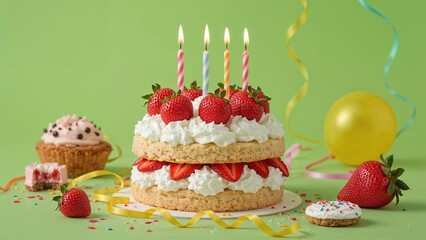 Strawberry shortcake background, food, birthday, cake, green, strawberry, red, holiday, bakery, industry