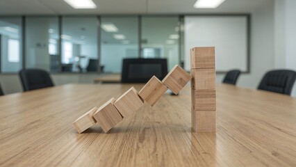 On a background of a wooden office table, lifebuoys stop a falling wood block in a domino effect. Business idea for life, health, and property insurance. Risk management is the practice of insurance.