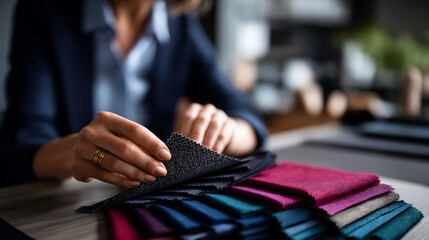 Hands examining fabric texture samples face not shown material selection textile samples fabric swatches texture examination design materials sample testing tactile