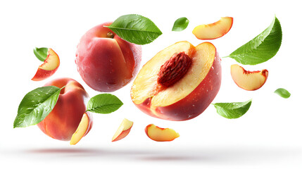 Ripe nectarines and juicy peach slices on white background.

Flying peach fruits and leaves isolated on white