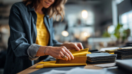 Hands examining fabric texture samples face not shown material selection textile samples fabric swatches texture examination design materials sample testing tactile
