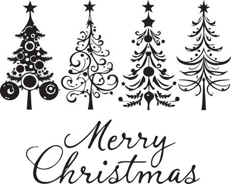 Stylized Christmas tree silhouette set — black and white festive illustration with “Merry Christmas” cursive holiday greeting