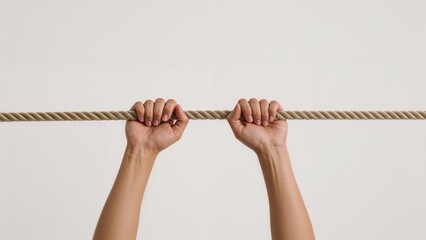 Gesture of both hands pulling the rope tight.