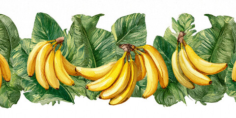 Watercolor border of bananas and tropical leaves, hand-painted in fresh decorative botanical style on white background.