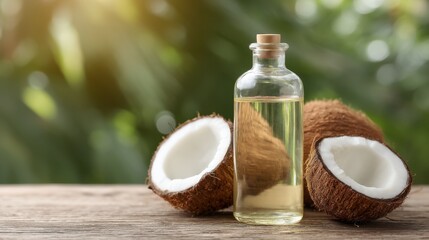 A Bottle of Pure Coconut Oil Beside Halved Coconuts on a Wooden Surface Surrounded by Lush Greenery