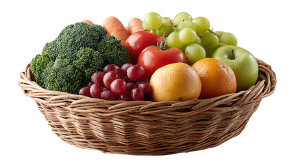 Vibrant assortment of fresh fruits and vegetables in a woven basket showcasing healthy eating and natural colors isolated on transparent background