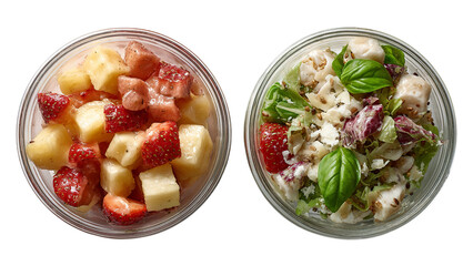 Two vibrant and refreshing bowls of fruit and salad showcasing colorful mix of flavors and textures isolated on transparent background
