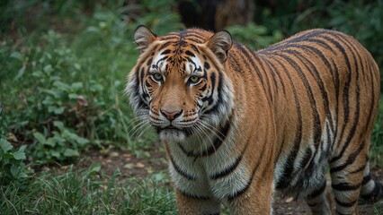Portrait of a standing adult Indochinese tiger outdoors (Panthera tigris corbetti) in the natural habitat, a wild dangerous animal 