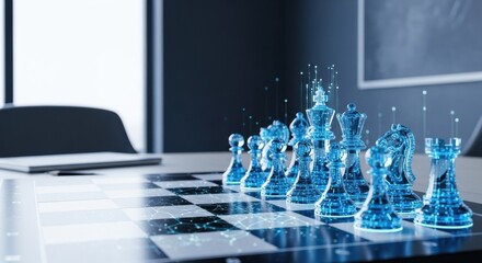 Transparent Blue Chess Pieces on a Digital Board