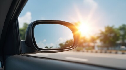 Fototapeta premium Glare and Reflection on Car Windshield Challenging Visibility in Bright Sunlight While Driving on a Scenic Road