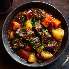 Savory Slow Cooked Beef Stew with Root Vegetables in a Dark Bowl for Comforting Meal