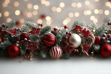 Christmas baubles with fir-tree branches and red berries