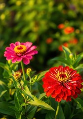 Vibrant zinnias bloom in a lush garden setting