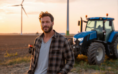 Portrait of modern male farmer in plaid shirt on agricultural  field with tractor in evening