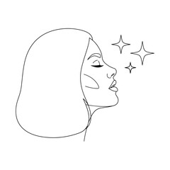 Minimalist line art drawing of a woman s profile with sparkling stars symbolizing dreams or inspiration