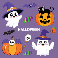 Halloween Cartoon Set with Ghosts Pumpkins Bats and Candy