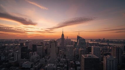 Fototapeta premium Sunset city view from a high vantage point with business, travel, office, house, city, space, building, finance, architecture.