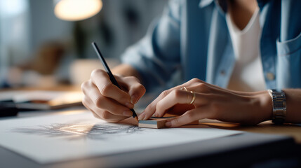 Hands erasing and refining pencil sketch face obscured sketch revision drawing refinement pencil work design editing hand illustration sketch process paper and eraser work