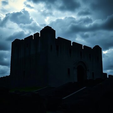 Shadow-laden ancient keep, broken parapets silhouetted against a stormy sky,  spooky castle,  ruin