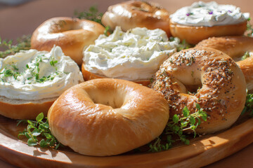 assorted fresh bagels with herbed cream cheese spreads on wooden platter sesame everything and plain bakery selection