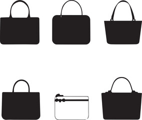 Handbag silhouette set — black and white illustrations of six varied purse designs including clutch, tote, and shoulder styles
