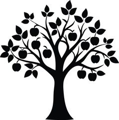 Obraz premium Apple tree with fruits, leaves, and flowers silhouette vector