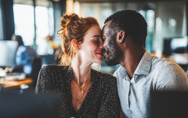 A happy couple of adults of different nationalities. Romantic and tender relationship.