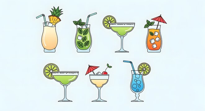 Colorful Assortment of Refreshing Summer Cocktails and Tropical Drinks.
