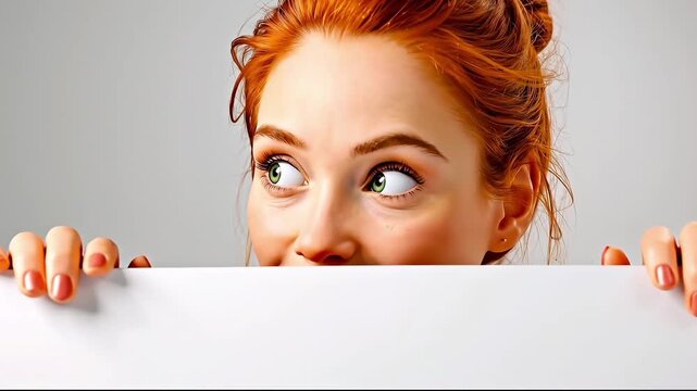 A woman with red hair holding a blank sign in front of her face