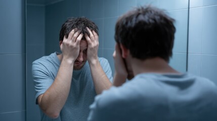 Fototapeta premium Man with Torn Expression Stares into Mirror, Reflecting Inner Turmoil and Struggle with Self-Identity in a Dimly Lit Bathroom Scene