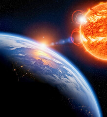 태양빛 아래에서 본 지구의 사실적인 우주 이미지, 지구, 우주, 태양, 행성, 환경, 지리, 지구과학, 우주여행, 자연, 지도,Realistic view of Earth and Sun from space with detailed continents and glowing atmosphere