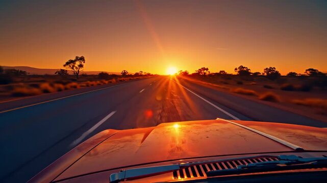 A car drives on an empty road at sunset, with golden light and a desert landscape
