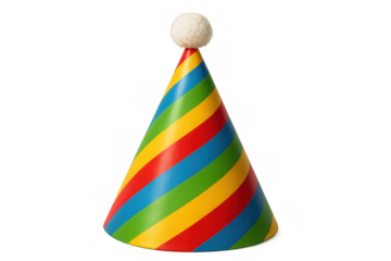 Colorful striped party hat with white pom-pom on top, celebrating birthdays and festive occasions with fun and joy
