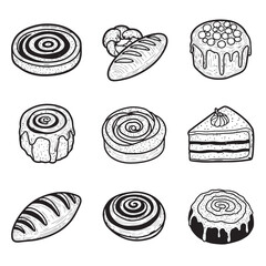 Hand drawn sketch collection of delicious baked goods and pastries on white background
